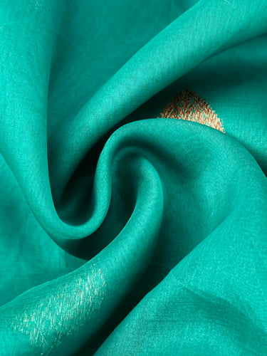 Sheer Lightweight Organza Silk Saree with Tussar Silk Border | Antique Zari | Shade of Peacock Green | Handwoven | Ships from California